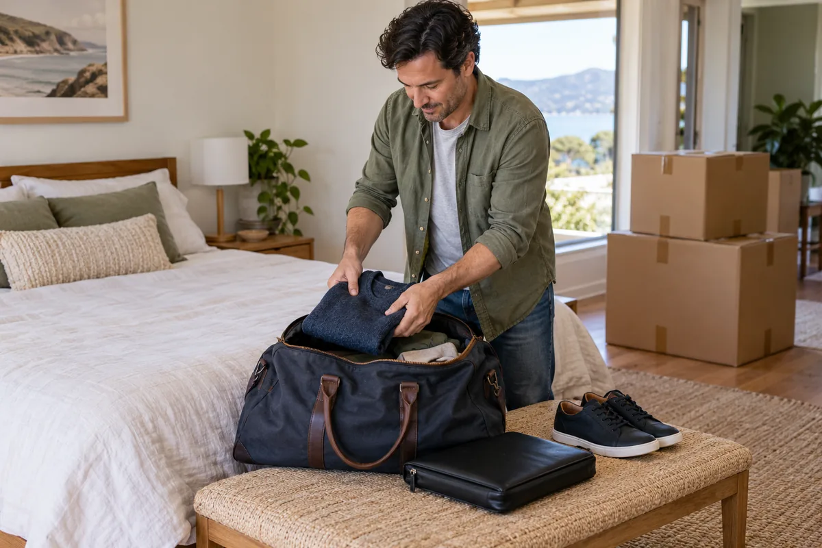 Generated illustration of a man packing a jumper into an overnight bag beside moving cartons