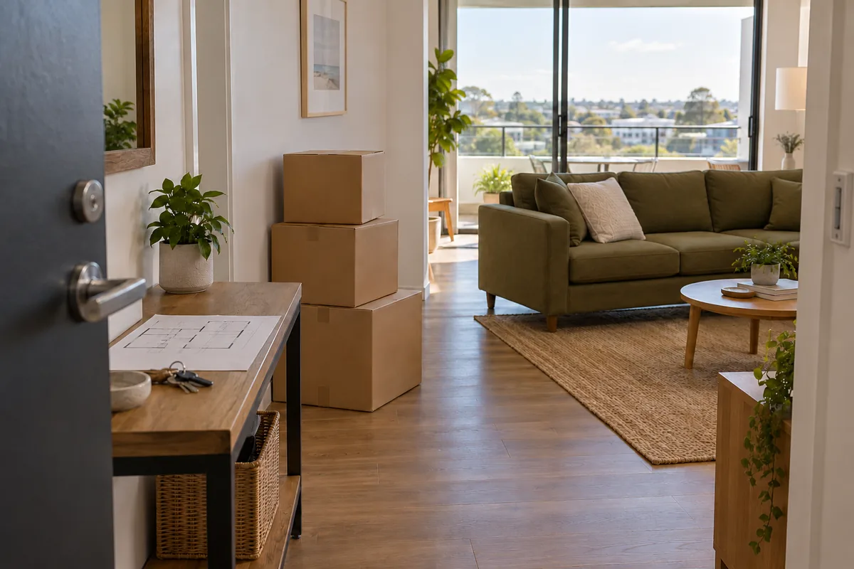 Illustrative apartment entrance with cartons, a floor plan and an uncovered sofa for planning a Sunshine Coast to Adelaide move