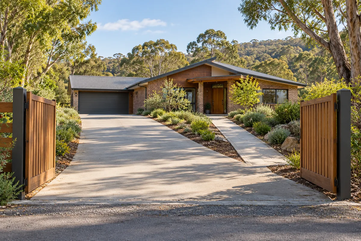 Illustrative Bridgewater Adelaide Hills home entrance with a clear driveway, timber gate and visible path for planning furniture access