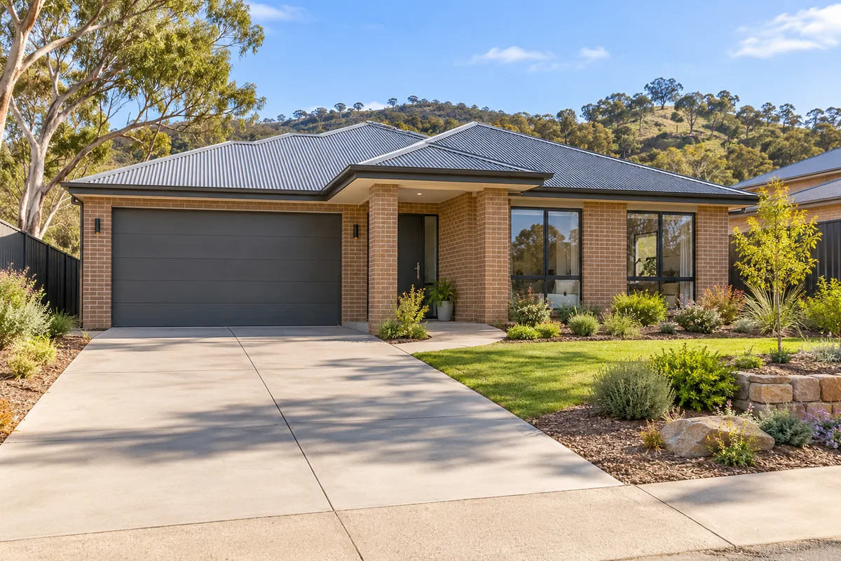 Illustrative Mount Barker style brick home with a completed driveway and clear front entrance for furniture delivery planning