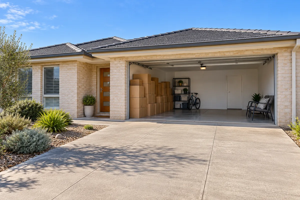 Illustrative Murray Bridge style single-storey home with a clear driveway and garage entrance ready for household furniture delivery