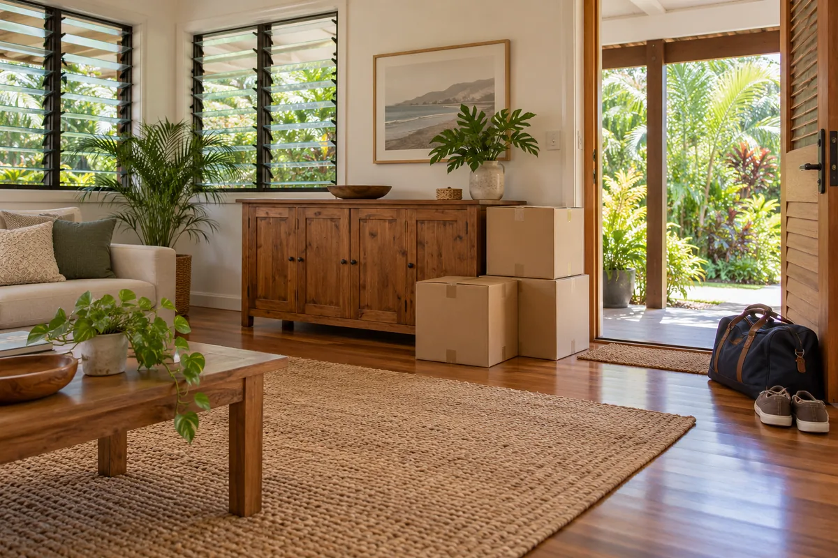 Illustrative tropical living room with moving cartons beside a cabinet and a separate travel bag near the doorway