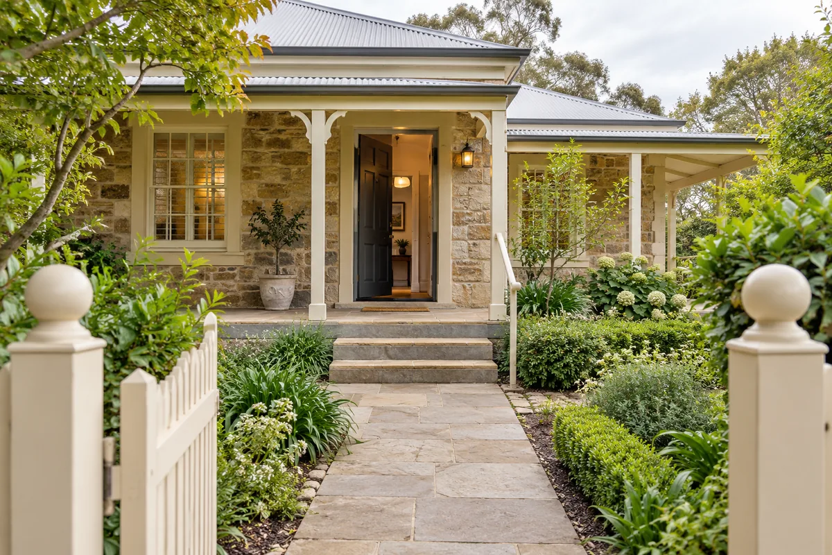 Illustrative Adelaide Hills stone cottage with a clear front path and visible entrance steps for planning a Stirling furniture delivery