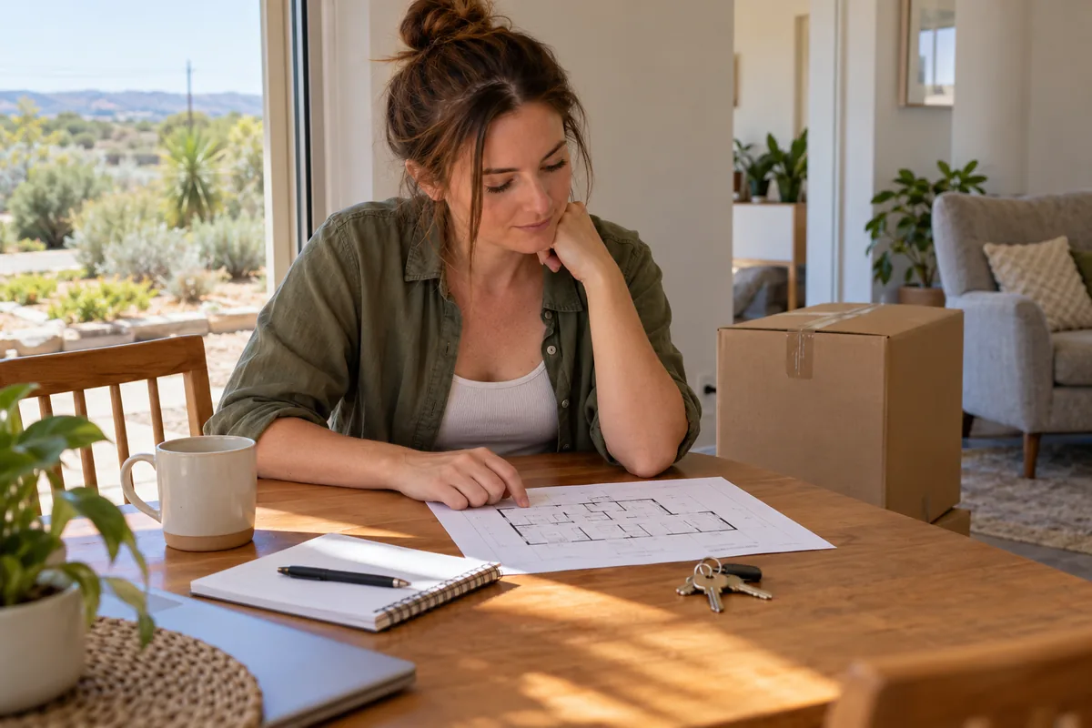 Illustrative household move planning with a floor plan, house keys and a packed carton